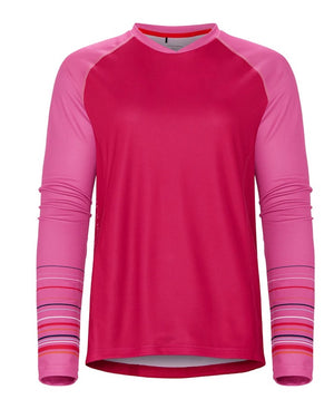 Front view of Allmountain long sleeve shirt in hot pink with light pink sleeves.