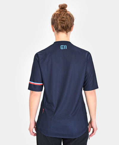 Back view of model wearing Allmountain short sleeve T-shirt in navy.