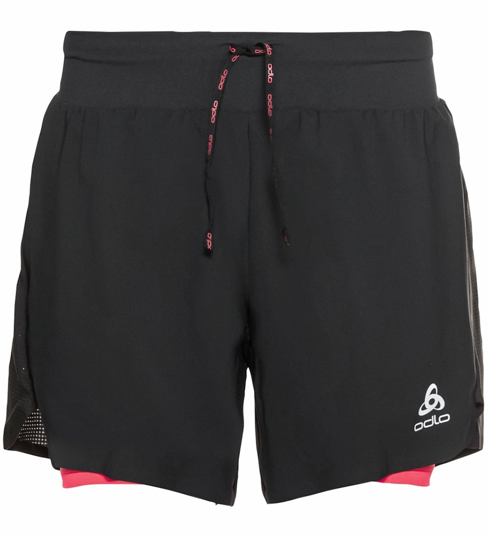 Front view of Axap Trail 6 Inch 2-in-1 shorts in black with pink underneath.