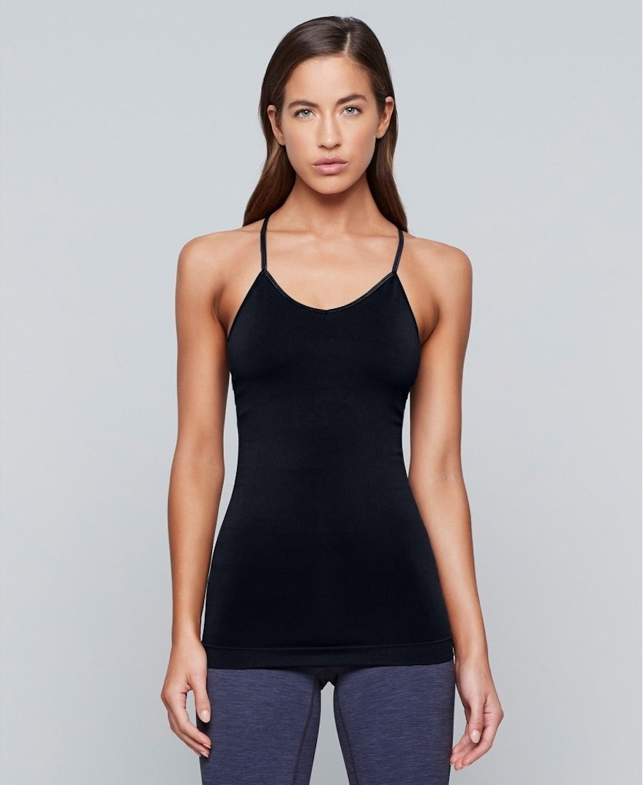 Front view of Woman wearing a black Camisole by Moonchild Yoga Wear