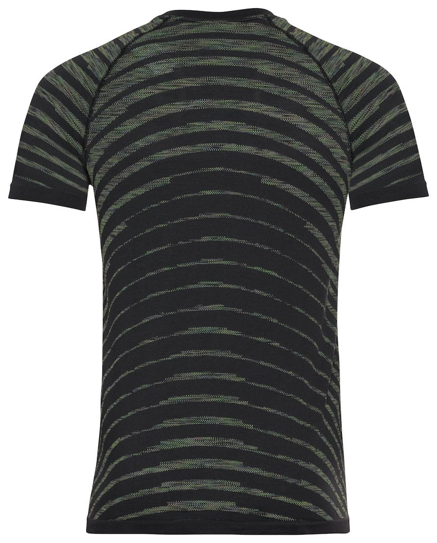 Back view of Black striped running shirt for men by Odlo