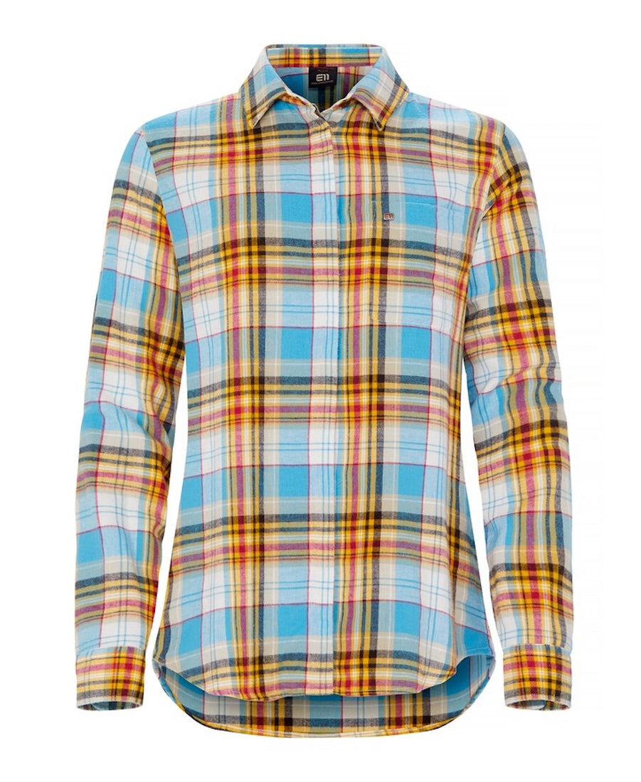 Front view of Vallee plaid flannel shirt on light blue colorway.