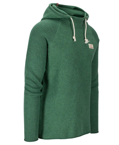 Side view of boiled wool hoodie in green.