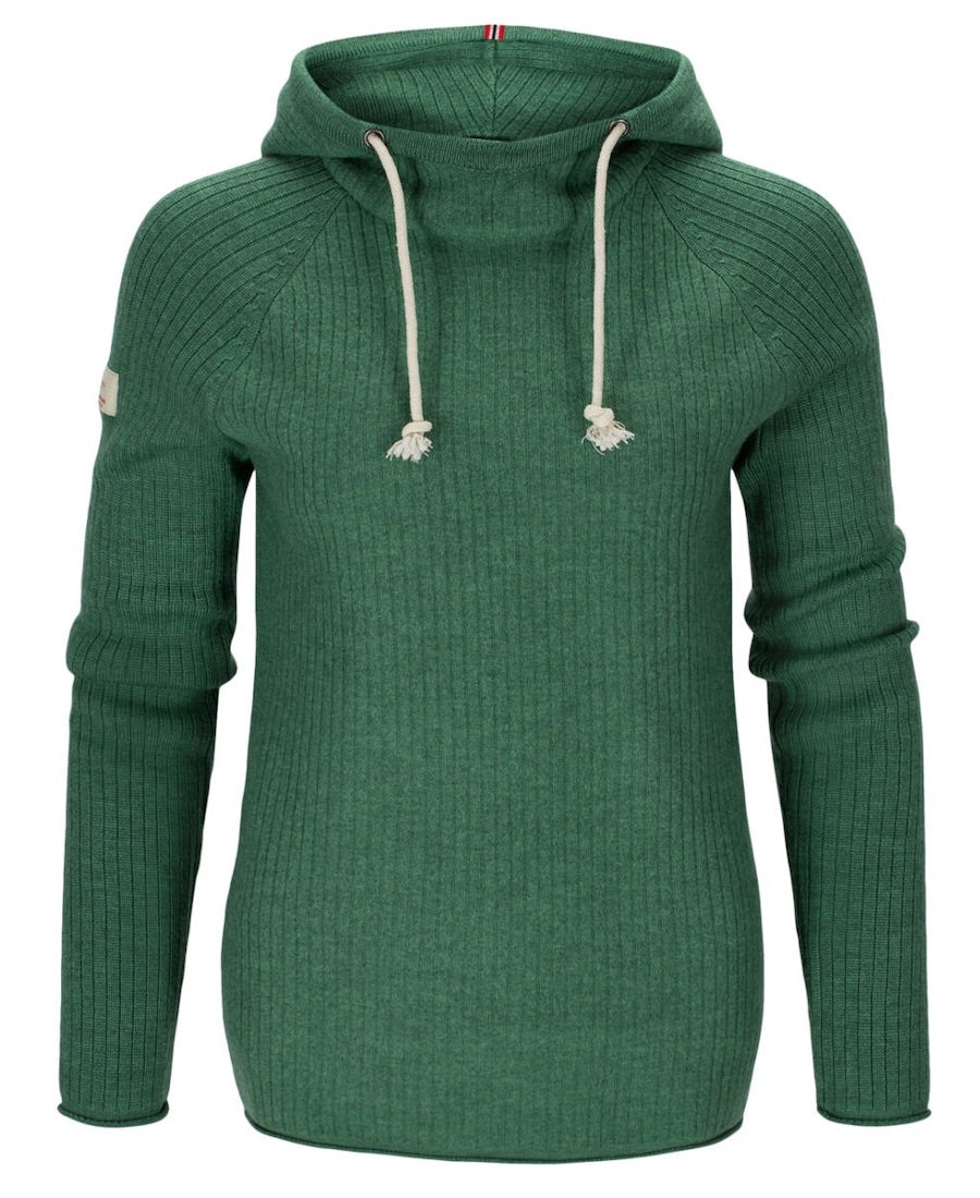 Front view of boiled wool hoodie in green.