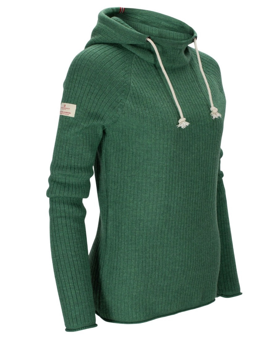 Front/side view of boiled wool hoodie in green.