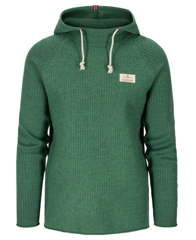 Front view of boiled wool hoodie in green.