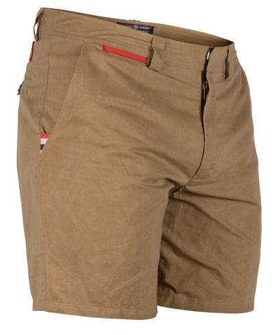 Front/side view of 8incher boulder shorts in tan.