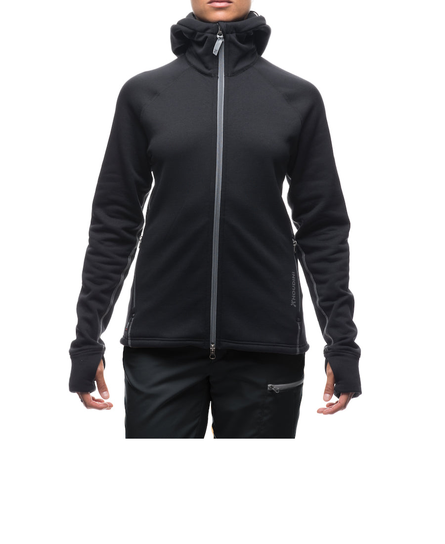 woman wearing women's power houdie (zip-up hoodie) by houdini for aktiv scandinavian clothing and outdoor wear