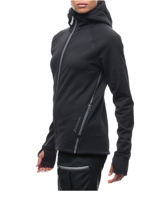 woman wearing women's power houdie (zip-up hoodie) by houdini for aktiv scandinavian clothing and outdoor wear side view
