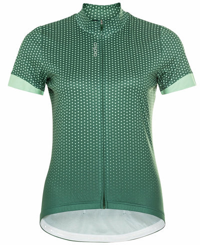Front view of essential jersey bike shirt in green with light green polka dots.