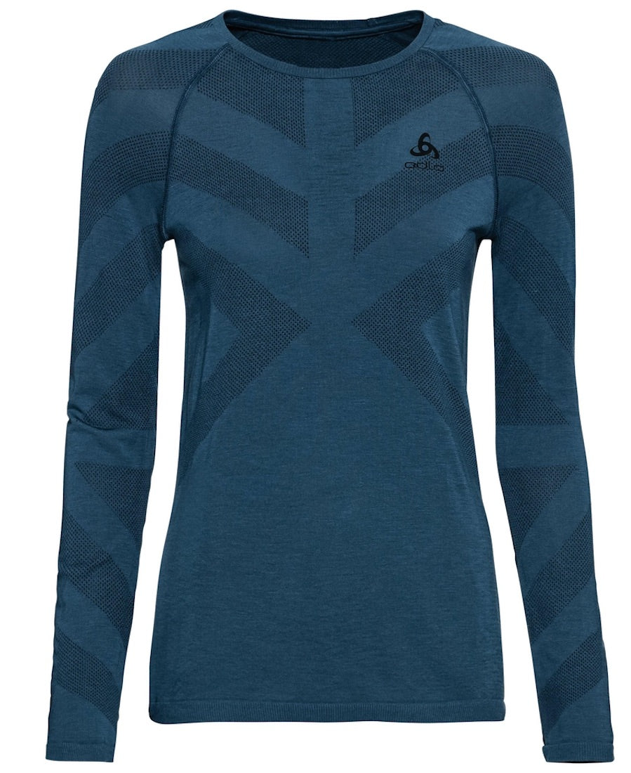 Front view of Kinship long sleeve shirt in blue.