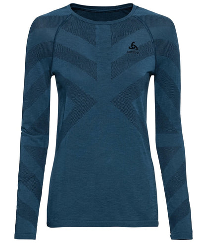 Front view of Kinship long sleeve shirt in blue.