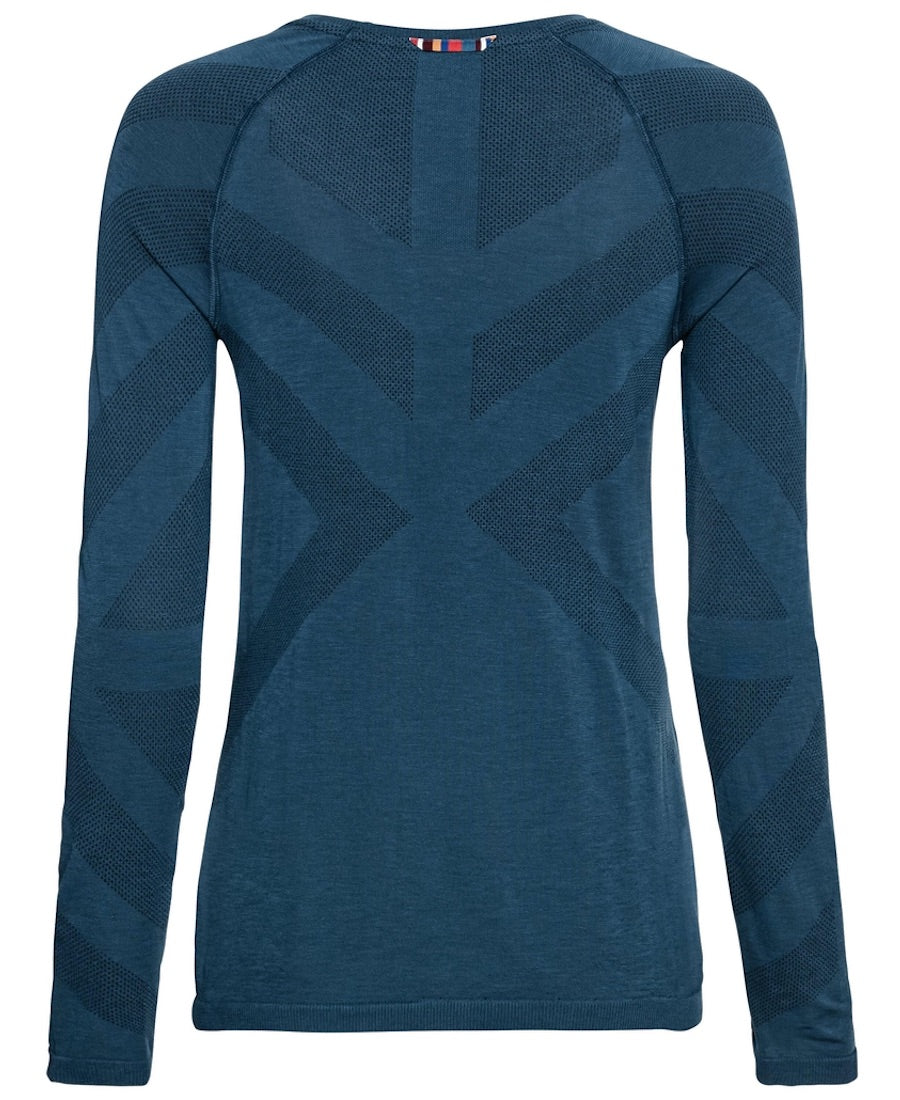Back view of Kinship long sleeve shirt in blue.