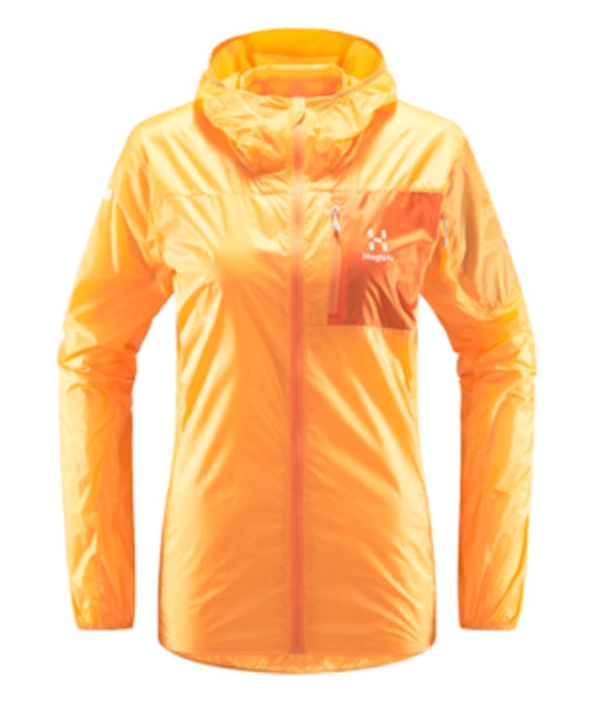 Front view of bright orange Haglofs lightweight windbreaker