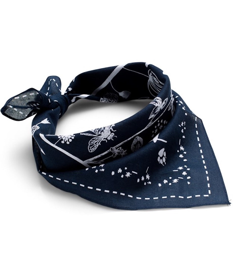 Blue Vagabond bandana tied up.