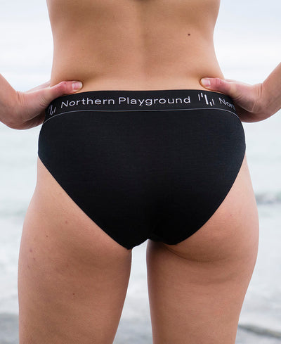 models in organic wool & silk panties by northern playground for aktiv scandinavian outdoor wear back view