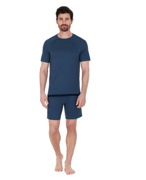 Full body front view of sleep shorts in blue.