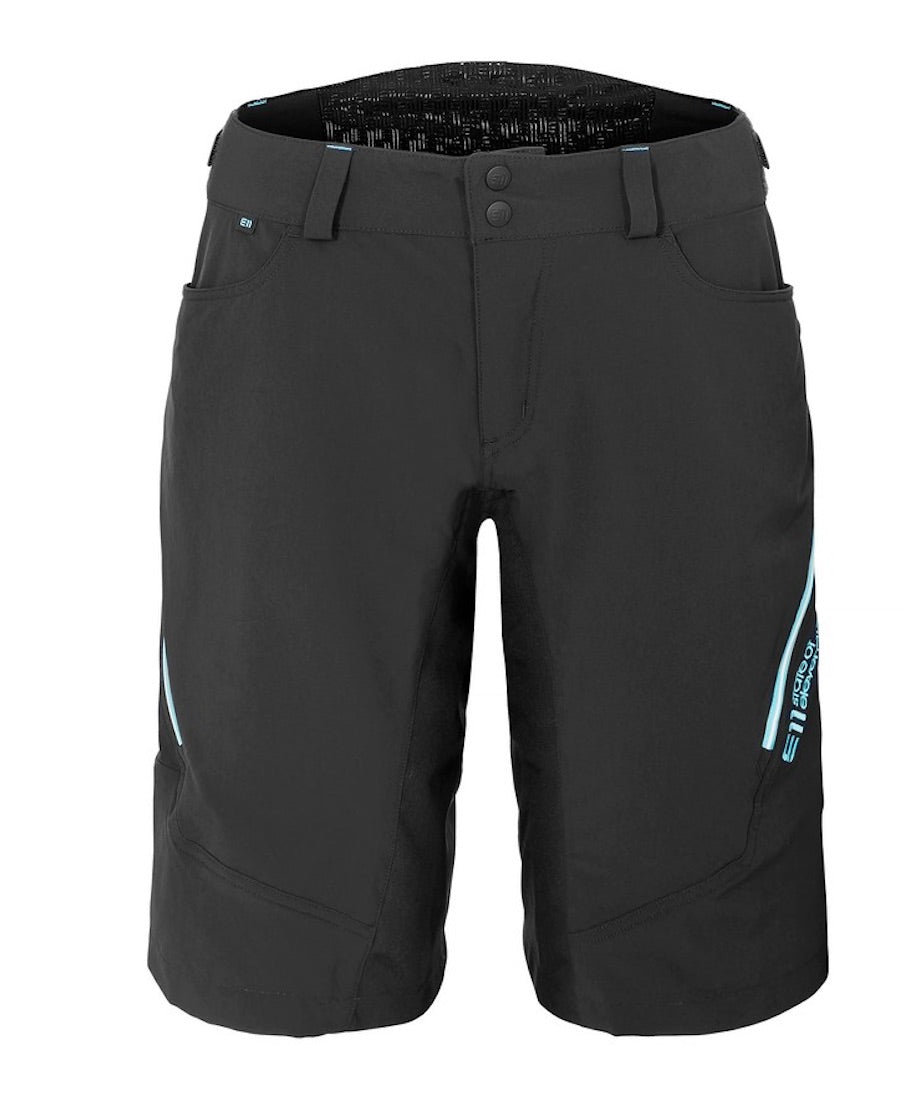 Front view of Versatility bike shorts in gray with light blue details.
