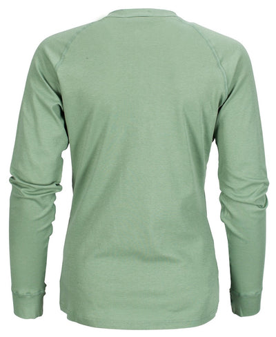 Back view of Vagabond long sleeve henley top in green.